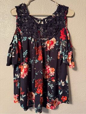 Navy Floral Cold-Shoulder Lace Yoke Blouse
